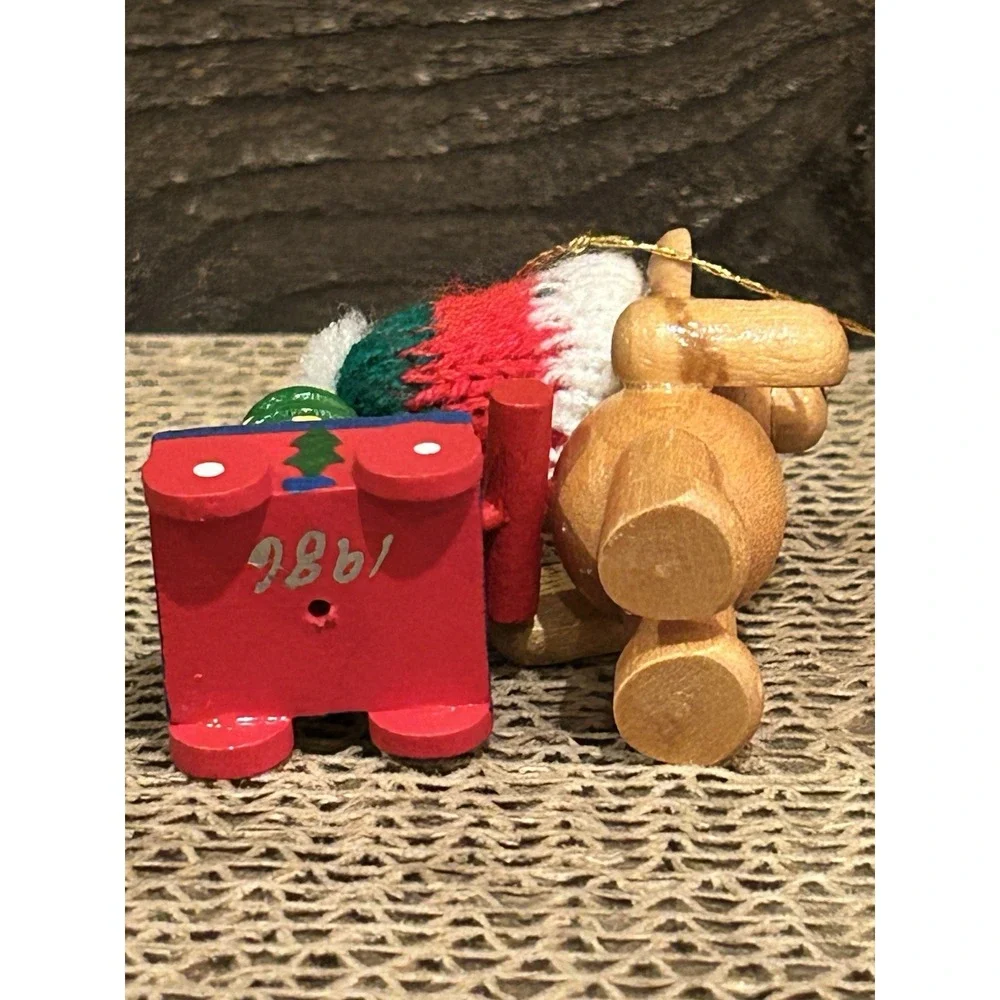 VTG 1986 Wooden teddy bear wagon tree heart ornament‎ Xmas decor